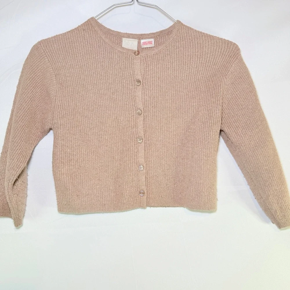Zara Kids Girls Tan Beige Ribbed Knit Button Front Cardigan Sweater Size 6 116cm